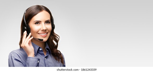 Call Center Service. Customer Support Phone Operator Or Sales Agent In Headset With Copy Space Area For Text Over Grey Background. Answering And Consulting. Video Conference Zoom Skype Helping Centre 