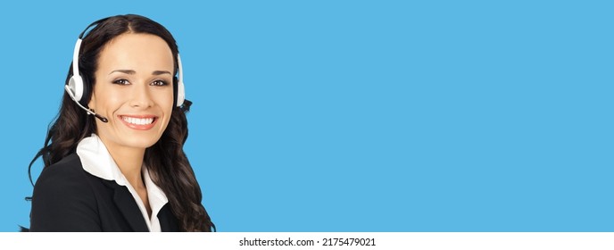 Call Center Service. Portrait Of Customer Support Phone Sales Operator In Headset, Isolated On Blue  Background With Copy Space Area For Text, Imaginary, Product Or Slogan. Zoom Skype Chat