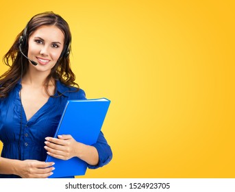 Call Center Servise. Customer Support Phone Sales Female Operator In Headset With Blue Folder, Copy Space Area For Some Text Or Slogan, Over Yellow Orange Color Background.