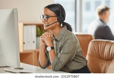 Call center, smile and business woman consulting for crm, contact us and telemarketing in office. Happy, customer service and female consultant with friendly service in online help, support or advice - Powered by Shutterstock