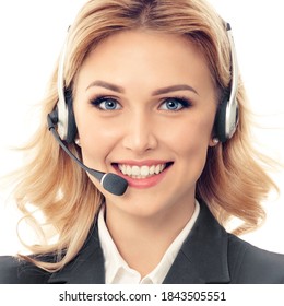 Call center. Smiling support phone operator in headset, isolated against white background. Caucasian blond model in customer service help consulting answering ad concept. Square composition image. 
