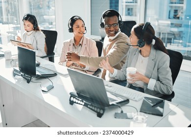 Call center, staff group and talk at help desk with laptop, telemarketing or voip tech with problem solving. Women, man and customer service agent for contact us, technical support or consulting team - Powered by Shutterstock