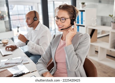 Call center, support and worker consulting, talking and giving customer service online for telemarketing. Crm, contact us and happy employee in technical support at a corporate communication agency