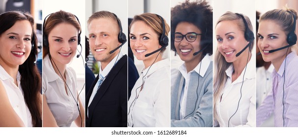 Call Center Support Workers Collage. Diverse Group Of People Portraits