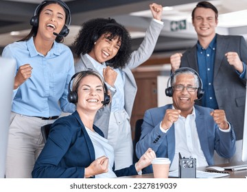 Call center, team or happy people with success of winning telemarketing sales target or achievement. Teamwork, customer service and group of agents cheering in celebration of victory, goals or deal - Powered by Shutterstock