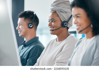 Call Center, Telemarketing And Diversity Customer Service Consultant Team With Headset At Pc Desk Inside Crm Office. Man And Women Contact Us And Sales Staff For Support And Marketing With A Smile