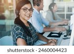 Call center, telemarketing and woman portrait at computer with customer service and crm. Conversation, smile and phone consultant at coworking office with headset and operator with web advice at desk