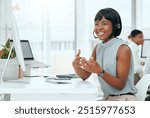 Call center, woman and agent with headset talking to client for customer service, technical support and advice. Telemarketing, african operator and help desk consultant with microphone for assistance