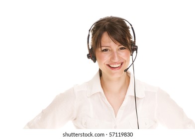Call center woman with headset. Beautiful smiling caucasian woman isolated on white background.