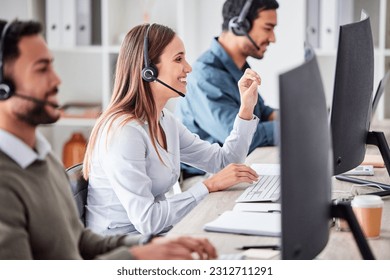 Call center, woman and working in team office with headset, computer and online customer support, service or help. Businesswoman, smile and contact us, crm and telemarketing employee talking - Powered by Shutterstock