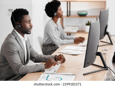 Call center worker in communication with people on internet online with computer at work, customer care help and support consulting at crm company. African telemarketing employee working in office - Shutterstock ID 2199181571