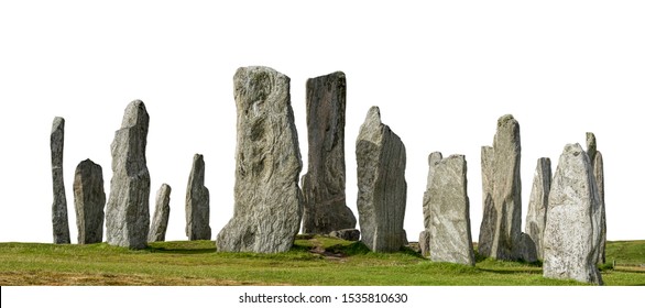 Callanish Stones (Scotland, UK) isolated on white background. It is an arrangement of standing stones placed in a cruciform pattern with a central stone circle. 