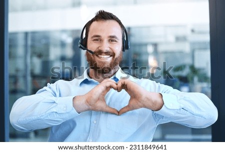 Callcenter agent, man with smile and heart hands in portrait, love customer service job and feedback. Hand gesture, care emoji and male consultant is happy with job at contact center and tech support