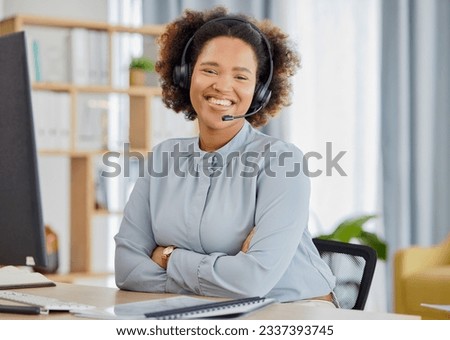 Callcenter, portrait and happy woman at help desk for advice, sales and telemarketing in headset. Consulting, communication and face of virtual assistant, customer service agent or crm phone call.