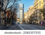 Calle Goya in Madrid at its confluence with Plaza de Colon in the Salamanca district, Spain