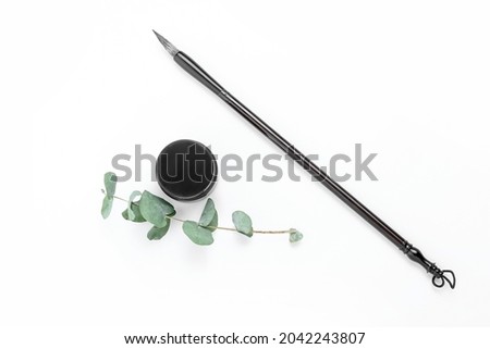 Calligraphic brush with ink and plant branch on white background