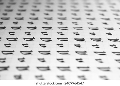 Calligraphy black and white letters V background. Lettering practice writing worksheet. Handwriting symbol filling pattern. Calligraphic letter v learning skills paper page.
