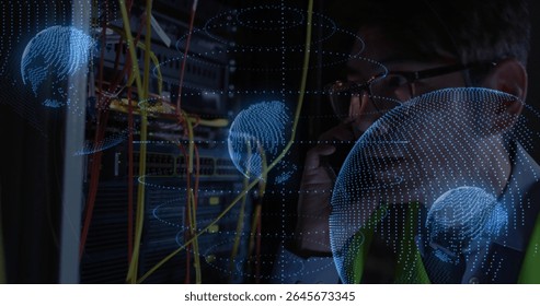 Calling tech wearing safety vest inspecting rack cables in server room, digital globes, copy space. Futuristic, cybersecurity, technology, infrastructure, digital, connectivity, enterprise