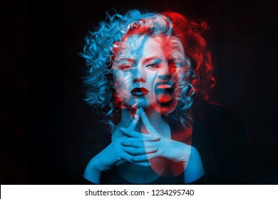 Calm and angry girl. Double color exposure. - Powered by Shutterstock