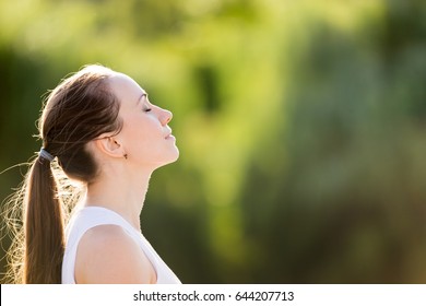 Calm beautiful smiling young woman with ponytail enjoying fresh air outdoor, relaxing with eyes closed, feeling alive, breathing, dreaming. Copy space, green park nature background. Side view portrait