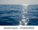 Calm blue sea shimmers with reflections of the sun creating a path of light on the waters surface