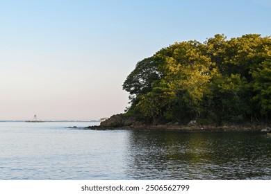 A calm body of water with a rocky shoreline and trees in the background. The sky is clear and blue, and the sun is shining brightly. The scene is peaceful and serene - Powered by Shutterstock