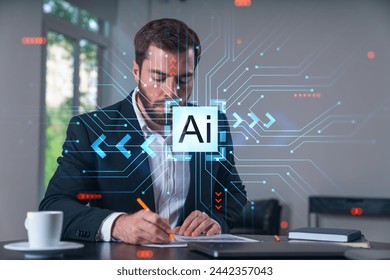 Calm businessman in formal wear signing contract at office workplace with coffee cup, laptop and notebook. Concept of successful deal, agreement, partnership, documents. Ai, machine learning icons.