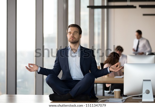 Calm Businessman Suit Meditating On Office Stock Photo Edit Now