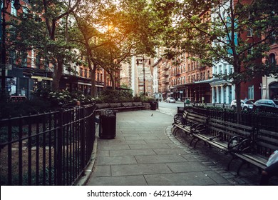 Calm City Street Park Under Sunlight In Manhattan, New York City