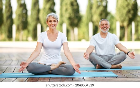 Calm Elderly Retired Family Couple Practicing Yoga Outside Happy Husband And Wife Sitting On Mats Barefoot  In Lotus Position And  Keeping Hands In Mudra Gesture. Meditation And Mental Health