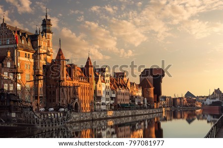 Calm, empty Gdansk old town harobour at the sunrise 