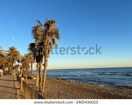 Calm evening sunset along the promenade and beach. Marbella, Spain. November 24th 2023