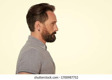 Calm Handsome Bearded Man Profile. Close-up Bearded Man Profile With Modern Haircut. Portrait Male Aged Profile