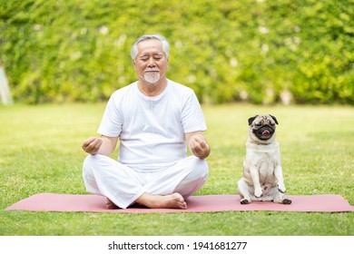 Calm of Healthy Asian Elderly man with white hairs exercise yoga lotus pose on yoga mat for meditation with dog pug breed on green grass at park,Wellness Senior Recreation with yoga and dog concept - Powered by Shutterstock