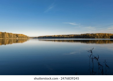 A calm lake with a blue sky in the background. The water is still and the trees are in the distance - Powered by Shutterstock