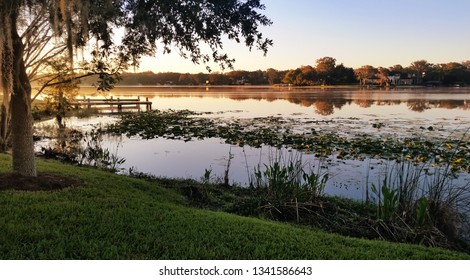 A Calm Lake In The Morning At Sunrise Behind Rollins College In Winter Park Florida