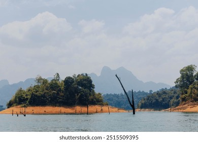 A calm lake reflects the clear sky, with lush trees lining its banks and distant mountains visible. A solitary tree rises from the water, creating a peaceful natural setting. - Powered by Shutterstock