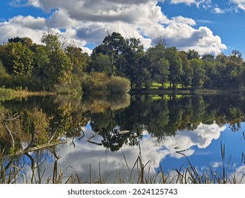 Calm lake scene with dramatic clouds perfectly reflected in still water. A peaceful landscape with tall grass in the foreground and a vibrant blue sky.
