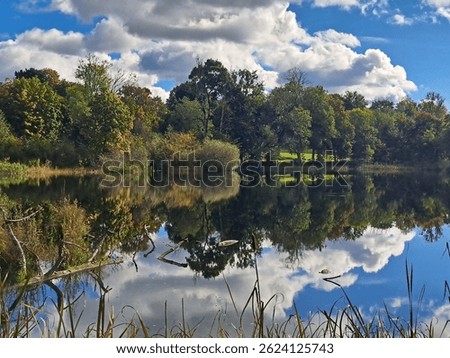 Calm lake scene with dramatic clouds perfectly reflected in still water. A peaceful landscape with tall grass in the foreground and a vibrant blue sky.