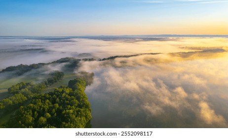 A calm morning blankets Rozmberk Pond in Trebon, Czechia, with mist gently rising from the water. Soft hues of sunrise reflect on the serene landscape, creating a tranquil atmosphere. - Powered by Shutterstock