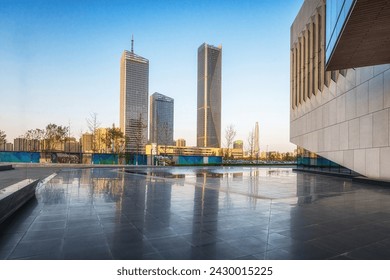 Calm Morning Reflections on Urban Water Feature