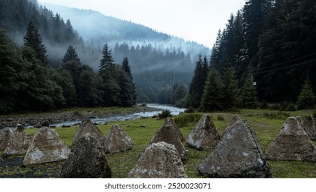 Calm mountain landscape with fog on the trees and river, Carpathians - Powered by Shutterstock