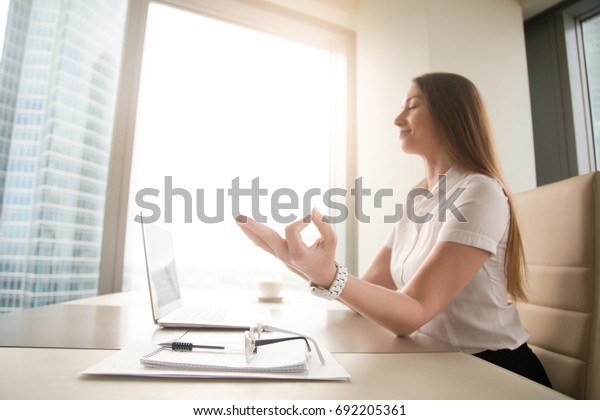 Calm Peaceful Businesswoman Practicing Yoga Office Stock Photo