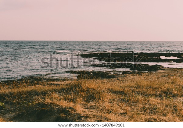 Calm and\
quiet on a beach in Puglia, in southern Italy. The waves on the sea\
are divided with the dunes of the\
meadow.