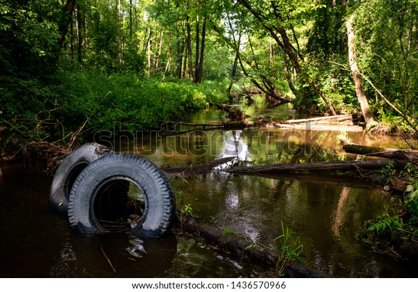 Calm river and green nature. Car tires - human\
poluting the planet