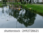 A calm river with numbered buoys marking a canoe slalom course. The reflection of trees and nearby buildings are visible in the water.View from above.