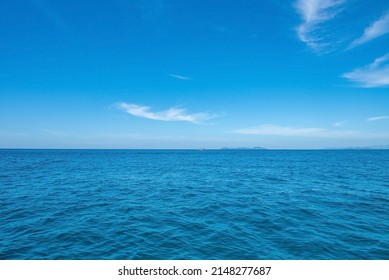 Calm Sea With Horizon Line, Sea View With Blue Sky And White Cloud Background.