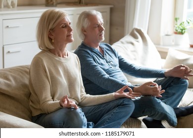 Calm senior middle aged couple practicing yoga together sitting in lotus pose on sofa, mindful peaceful mature man and woman meditating relaxing in living room at home, old people healthy lifestyle - Powered by Shutterstock