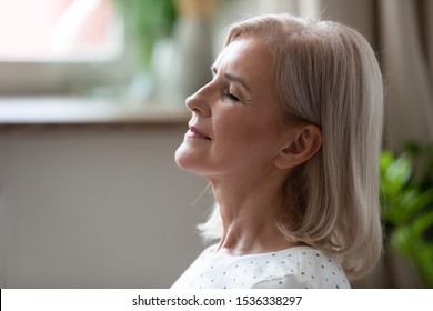 Calm serene middle aged woman meditating with eyes closed inhaling fresh air relaxing indoors, happy healthy old mature lady enjoying resting feel peace of mind doing breathing yoga exercises at home