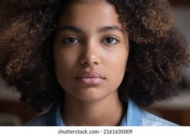 Calm serious beautiful millennial African American woman with thick curly hair looking forward at camera posing indoors. Attractive focused young adult gen z lady face without smile. Close up portrait